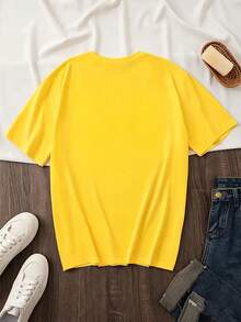 Plus Size Women's Short Sleeve Top - Floral Print And "Bloom Like A Flower" Lettering, Round Neck, Vibrant Design, Machine Washable, Festive And Versatile Everyday Wear - Yellow - View 3