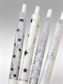 4支裝星星波點可伸縮凝膠筆套組，INS風銀白色緞帶印花可愛黑墨水筆，0.5mm快乾順滑書寫簽名筆，學生可愛文具，開學禮物，開學必備 - 彩色 - 查看 5