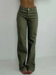 Women's Solid Color Pocket Button Casual Versatile Daily Wear Straight Leg Jeans Spring - Army Green - View 2