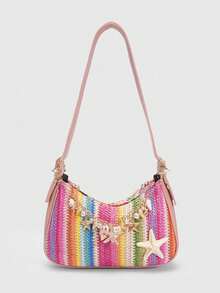 ROMWE Fairycore Pieza, Bolso de Paja Colorido Estilo Resort Dopamina con Decoracióde Estrellas de Mar y Conchas, Bolso de Playa Tropical, Adecuado para Viajes de Primavera y Verano, Vaca - Color F - Ver 1
