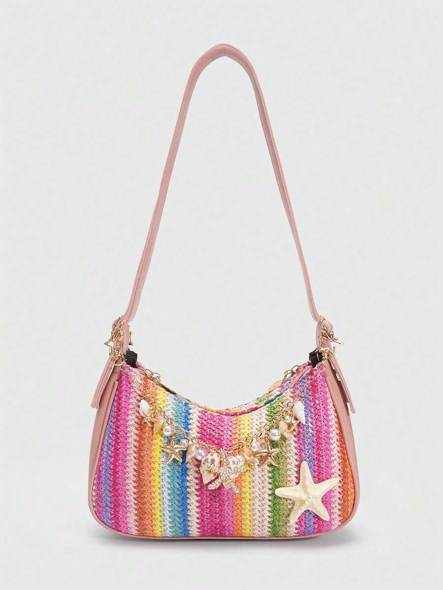 ROMWE Fairycore Pieza, Bolso de Paja Colorido Estilo Resort Dopamina con Decoracióde Estrellas de Mar y Conchas, Bolso de Playa Tropical, Adecuado para Viajes de Primavera y Verano, Vaca - Color F - Ver 1