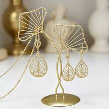 Juego de 3 piezas de joyería marroquí de moda, collar colgante floral hueco chapado en oro y pendientes colgantes en forma de lágrima, accesorios árabes a juego para mujer - Collar+pendientes - Ver 3