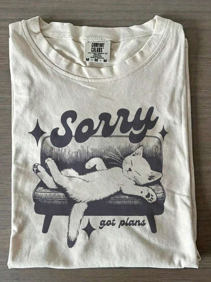 Lazy Napping Cat Tee, Sorry Got Plans Funny Slogan, Retro Groovy Kitten Print, Casual Summer Crew Neck Short 100% Cotton - 白色3 - 查看 1