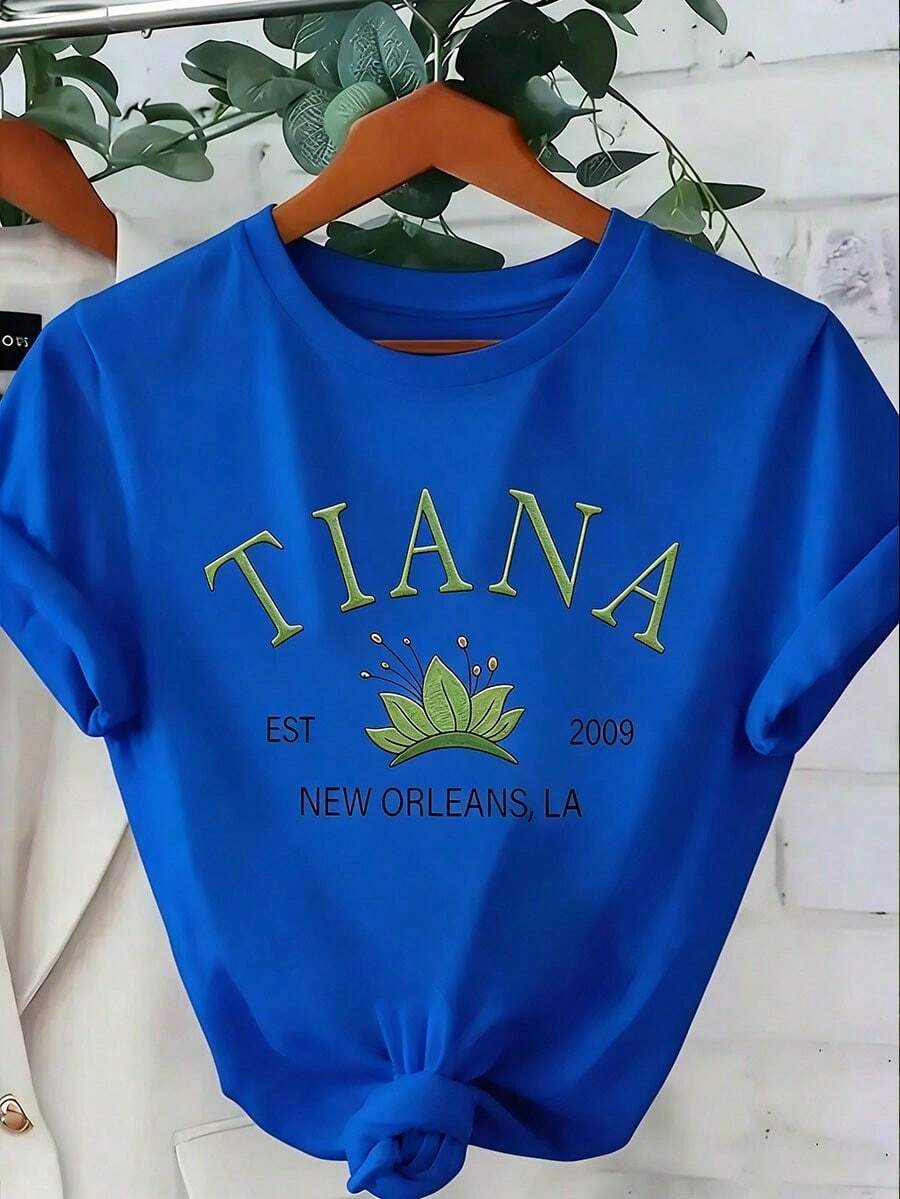 playera mexico mujer Camiseta de Mujer con Estampado de Mardi Gras de Nueva Orleans (Tiara/Tiana/EST 2009) - Manga Corta, Cuello Redondo, Casual y para Fiesta, T vaquero y2k tenis halloween - Azul - Ver 1