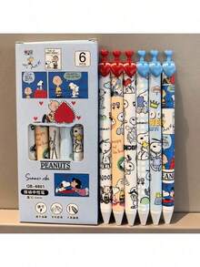 SNOOPY 6支/套 可爱黑色圆珠笔，速干可伸缩文具，学生考试用品，返校礼物，派对小礼品 - 彩色 - 查看 9