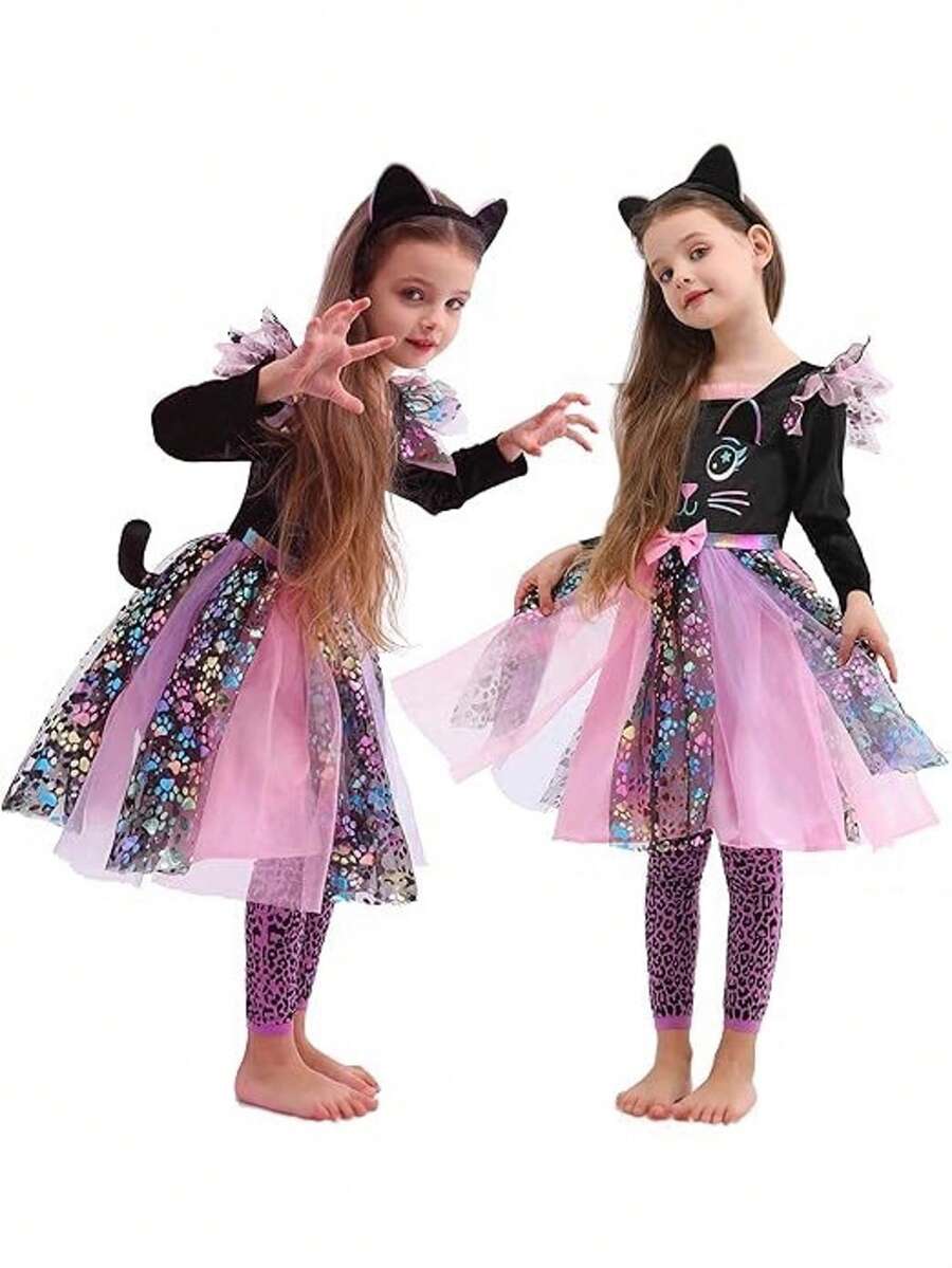 1 Set Halloween Witch Dress Girls Cute Cat Dress, Cat Halloween And Theme Party Costume - Multicolor - View 1