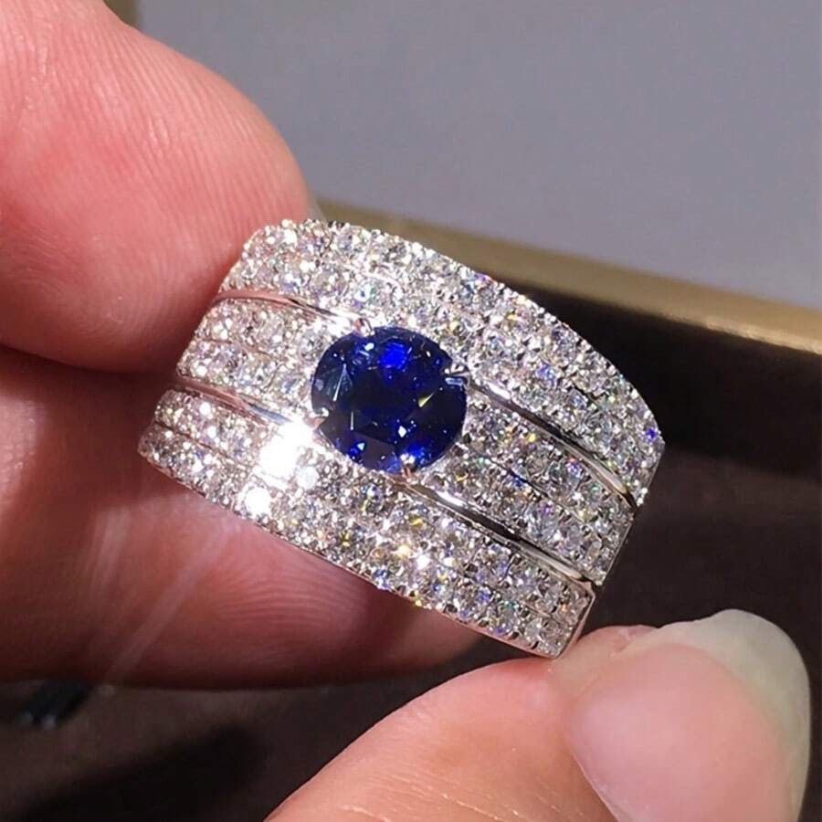 Fashionable Blue Zirconia Ring, Niche Atmospheric Design, Versatile Accessory, Ideal For Daily Outfit - Silver - View 1