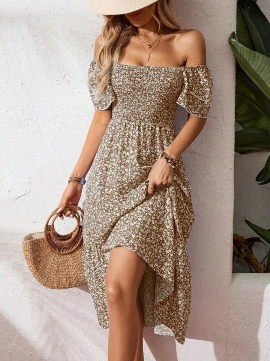 New Cross-Border Success In Europe And America: Long Floral Dress With Square Neck And Puff Sleeves. - Brown - View 1