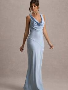 Spring And Autumn Women's Folded Ribbon Sparkling Evening DressLoose And Comfortable - Light Blue - View 9