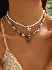 pieza de collar de conchas marinas naturales hecho mano con colgante de estrella de mar en tono dorado, collar de estilo oceánico la moda, adecuado para mujeres, vacaciones, fiestas y - Estrella de mar - Ver 4