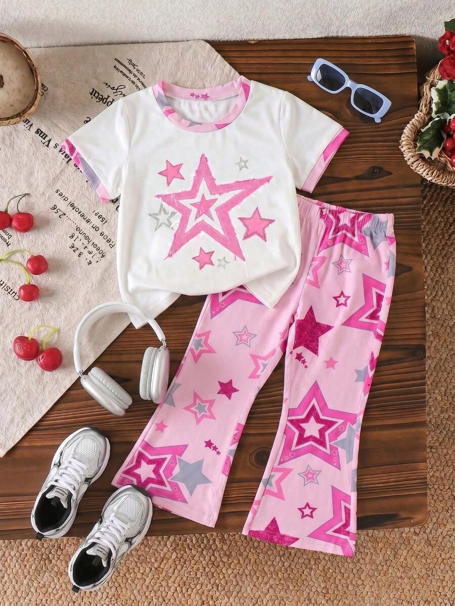 2件組女童幼兒休閒多巴胺風可愛拼接設計星星圖案圓領短袖T恤上衣搭配全印花喇叭長褲套裝,夏季風格,適合返校、家庭度假、社交聚會 - 彩色 - 查看 1