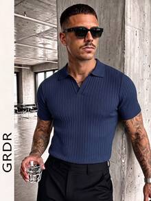 Suéter de punto de manga corta de unicolor para hombres GRDR, de moda para el verano - Azul Marino - Ver 7