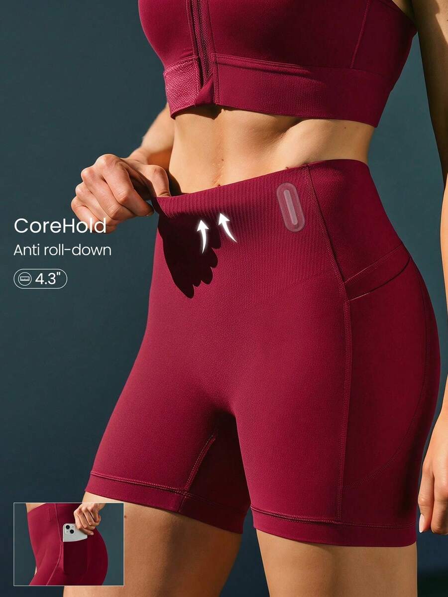 GLOWMODE 4.3" FeatherFit™ Corset Support Cycling Shorts - Sculpt, Seamless Front, Tummy Control, With Side Pockets And Anti-Slip Strips, For Training - Merah - View 1