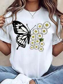 Remera con Estampado de Mariposa Con Flores Manga Corta Cuello Redondo Moda Juvenil Estilo Urbano Casual Urbana Alternativo Gráfico - Blanco - Ver 1