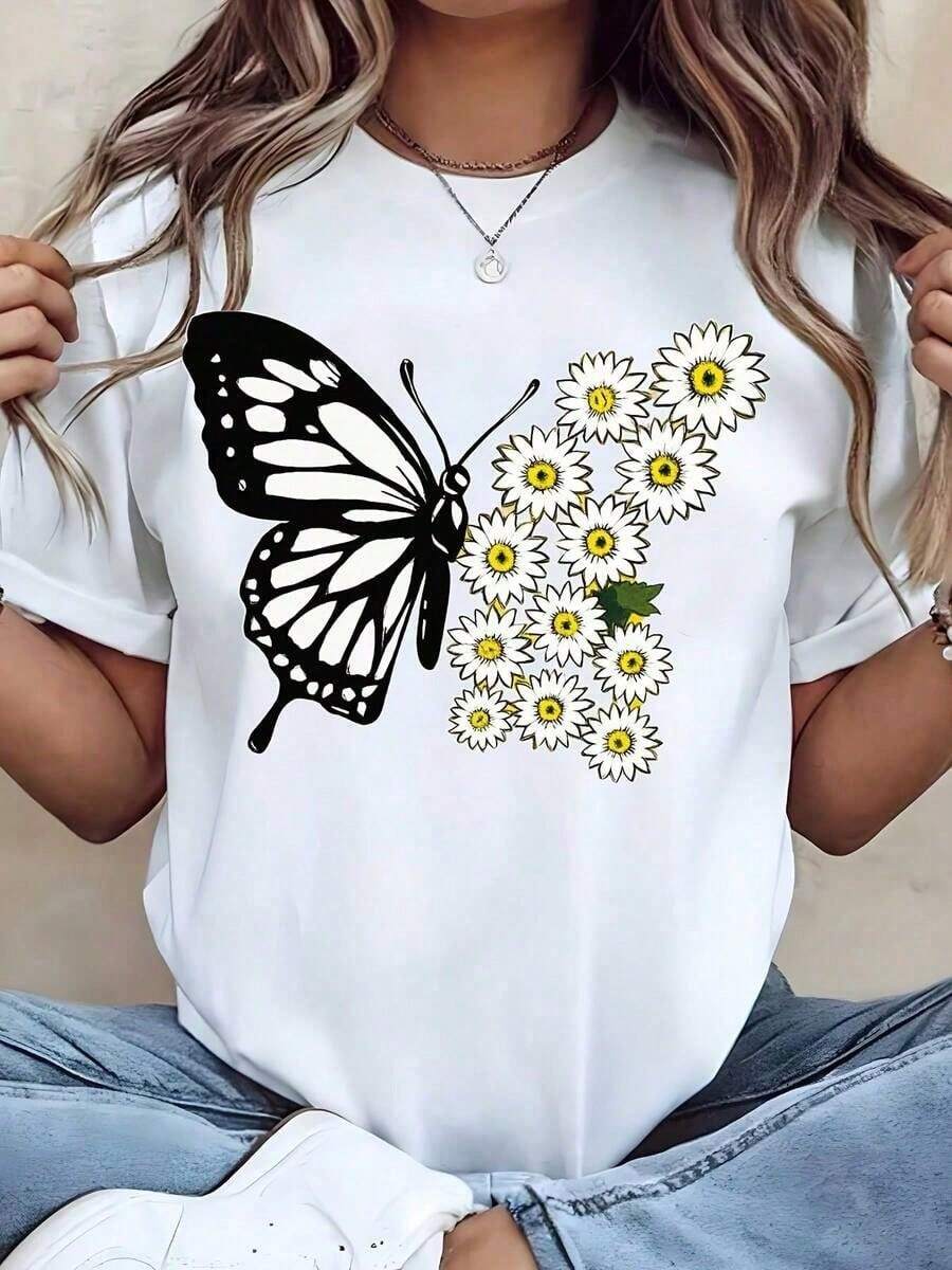 Remera con Estampado de Mariposa Con Flores Manga Corta Cuello Redondo Moda Juvenil Estilo Urbano Casual Urbana Alternativo Gráfico - Blanco - Ver 1