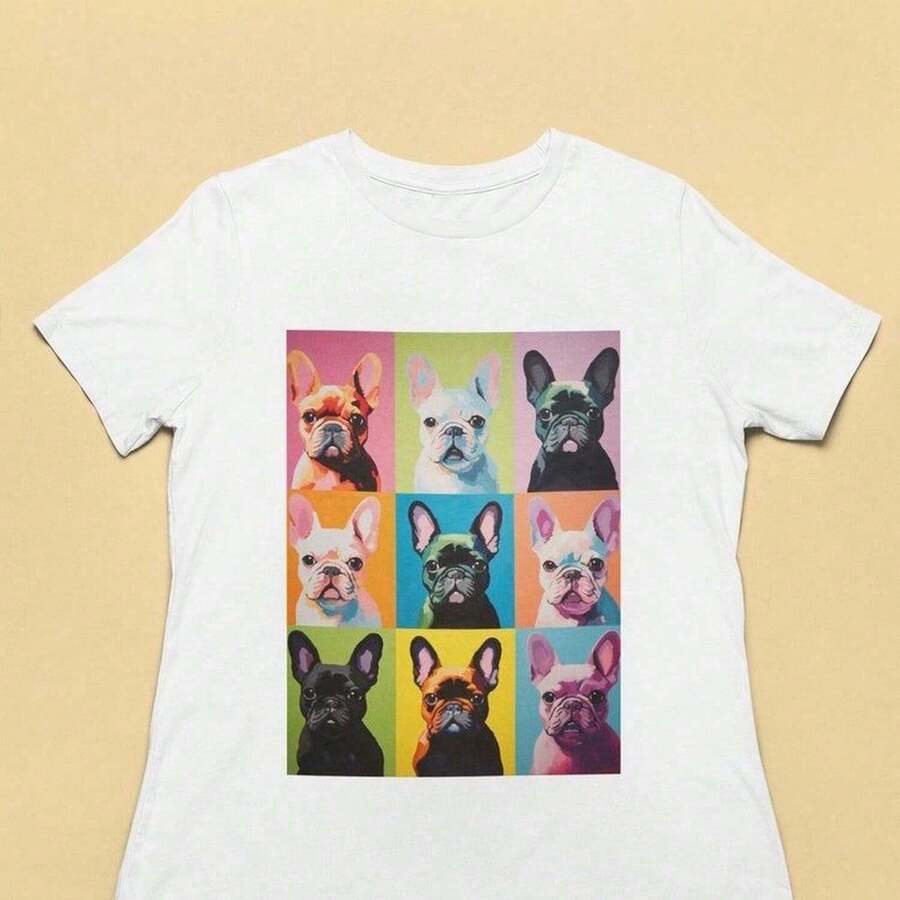 Oversized T-Shirt With Bulldog Pop Art Print, Short Sleeve, Round Neck, Streetwear, Casual, Urban Style, Y2K Graphic Novelty - 白色 - 查看 1