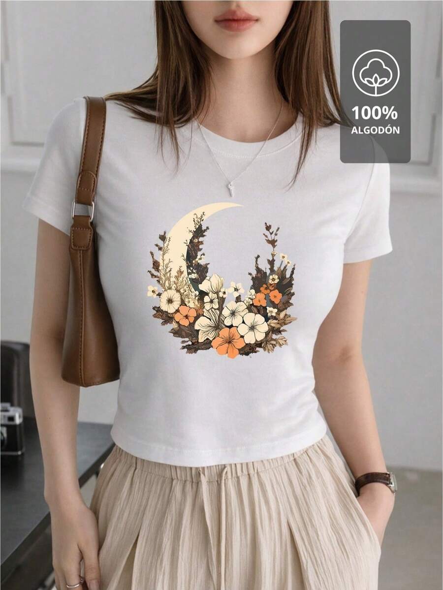 SHENDY VENDY Camiseta para dama 100% Algodón, manga corta, cuello redondo, suave y cómoda. Diseño botánico con media luna floral, estilo natural y elegante. - Blanco - Ver 1