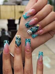 24pcs Medium-Long Trapezoid Reusable Fake Nails, Summer Beach Gradient Pink & Blue French Manicure, 3D Flower, Starfish, Shell, Rhinestone Decor, Suitable For Vacation, Party And Daily Commute - Cadet Blue - View 3