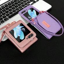 VIETAO Wrist Strap Wallet Card Slot Artificial Leather Phone Case, Compatible With Samsung Galaxy Z Flip 3 4 5 6 7 8, Fashion Protective Phone Case Flip3 Flip4 Flip5 Flip6 Flip8 - Rose Gold - View 2