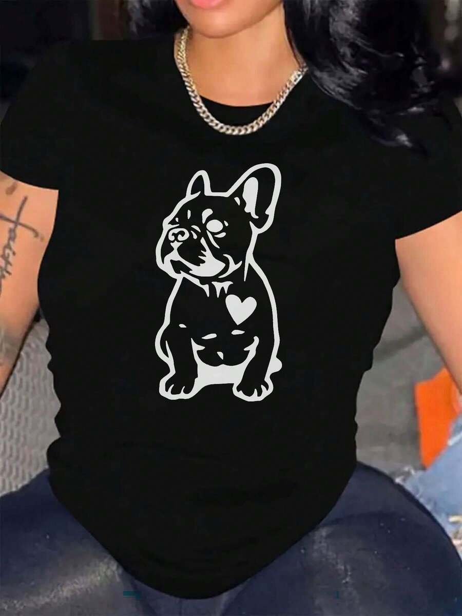 Talla Grande - Camiseta de talla grande para mujer con estampado de corazón de Bulldog Francés - Lindo perro con ojos en forma de corazón, camiseta de poliéster suave, adecuada para amantes - Negro - Ver 1