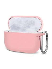 1pc Solid Color Silicone Earphone Case Compatible With AirPods With Carabiner - Pink - View 3