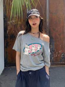 新款夏季 Y2K 風格女款不對稱肩短袖趣味貓咪印花 T 恤 時尚百搭休閒 - 灰色 - 查看 3