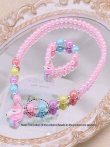 2pcs/Set Kids Unicorn Heart Charm Colorful Beaded Necklace & Bracelet Jewelry Set, Suitable For Daily Wear - one-size - View 8