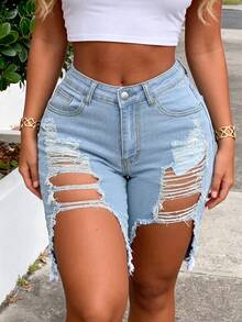 Washed Distressed Straight Leg Denim Shorts, Made Of Stretchy Fabric, Comfortable For Daily Wear, Fashionable And Stylish - Light Wash - View 5