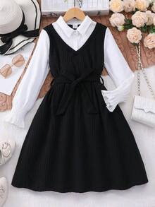 Girls' Black & White Colorblock 2 In 1 Korean Style Academy Dress, Collared Flare Long Sleeve Cinched Waist Tie Ribbed A-Line Skirt, Spring Autumn Winter Campus Commute Daily Wear - Black - View 2