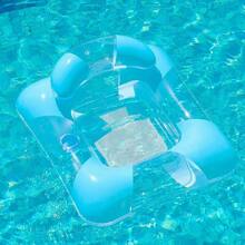 Silla flotante inflable de malla transparente con confeti de colores y toldo para el sol, cómoda tumbona de piscina con portavasos, adecuada para natación al aire libre - Multicolor - Ver 5