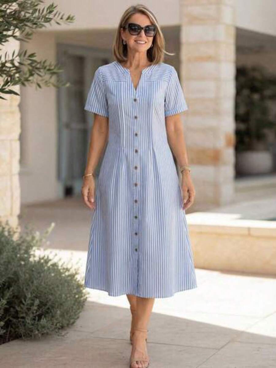 Vestido de mujer para uso diario y vacaciones, primavera y verano, cuello en V, patchwork de encaje, vestido casual diario, cómodo y transpi - Azul - Ver 1
