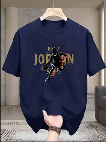Men's Crew Neck T-Shirt, Casual And Fashionable, With Basketball Player Dribbling Silhouette With Flames, "Best Ever" Letter Print, Men's Fashion, For Adult Men - 軍綠色 - 查看 1