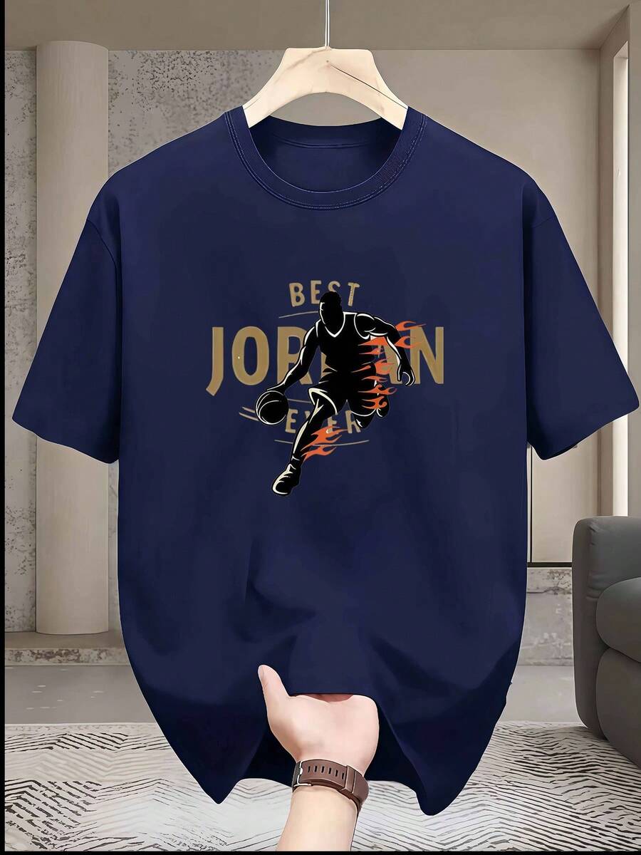 Men's Crew Neck T-Shirt, Casual And Fashionable, With Basketball Player Dribbling Silhouette With Flames, "Best Ever" Letter Print, Men's Fashion, For Adult Men - 軍綠色 - 查看 1