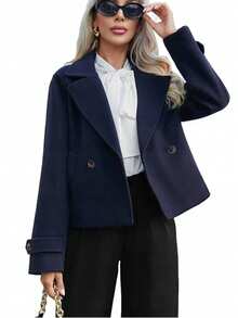 Women's Fashion Lapel Double-Button Short Coat, Long Sleeve Woven Fabric Regular Fit Jacket, Suitable For Autumn/Winter Wear. - Royal Blue - View 8