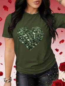 Valentine's Day Sweater With A Heart Print, Perfect For Spring And Fall. This Eye-Catching Short-Sleeved T-Shirt Is Suitable For Holidays, Dates, Parties, And Social Occasions. SCUY - 軍綠色 - 查看 1