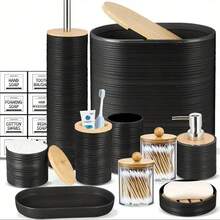 10 Piece Bamboo Covered Bathroom Accessory Set, Including Toilet Brush, Trash Can, Soap Pan, Soap Dispenser, Roller, Toothbrush Holder, Cotton Swab Box, Tray, Hotel, Bathroom, Family And Friends Gifts, Home Gifts, Bathroom Accessories - Multicolor - View 1