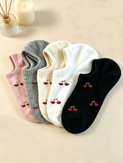 1/5/10 Pairs Women's Heart & Cherry Solid Color Boat Socks, Sweet Breathable Comfortable Invisible Socks, Suitable For Daily Wear, Sports, Home, All Seasons