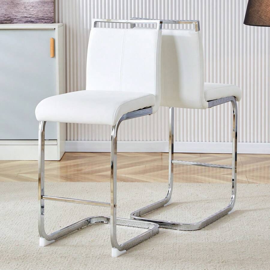 Juego de 2 taburetes de bar de estilo nórdico / Juego de 2 taburetes de bar de PU / Diseño único y construcción estable / Capacidad de carga de 120 kg / Adecuado para comedor, cocina y patio - Blanco + Plata - Ver 1