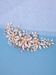1件優雅手工珍珠花朵髮梳，鮮紅水晶飾品，新娘婚禮頭飾，派對生日公主髮飾 - 彩色 - 查看 3