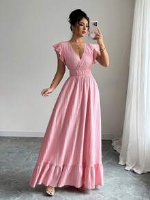Vestido Informal Formal Rosa Pastel Sin Mangas Completas, Diseño Envolvente en Bust, Falda Amplia con Borde de Volantes para Paseos y Cenas Románticas - Rosa - Ver 5