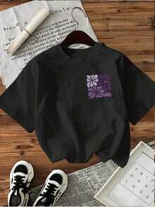 Women's Casual Summer Top With A Double-Sided Print Featuring A Vintage Floral Design In Lilac And A Round Neck. Sheer Short-Sleeved T-Shirt With A 'LA PROVENCE CHAMP' Print - 黑色 - 查看 1