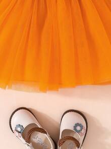 Halloween Girls Pumpkin Pattern Long Sleeve Mesh Dress Little Girls Holiday Party Princess Dress - Orange - View 7