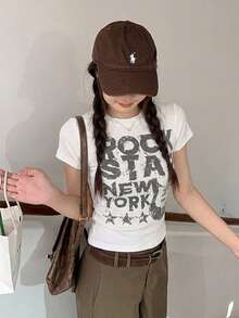 Printed Slim-Fit Versatile Short Sleeve T-Shirt Top For Women Casual White Summer - White - View 9