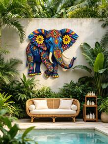 1Pc 2D Flat Colorful Elephant Metal Wall Decor, Boho Style Elephant Garden Ornament, Suitable For Home, Yard, Room, Courtyard And Balcony Decoration, Also Used As Outdoor Fence Decor, Housewarming & Holiday Gift, Ideal Present For Friends And Family - Elephant B - View 3