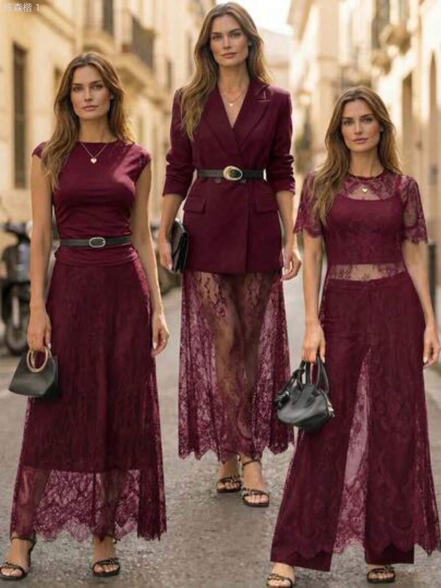 jianchaimaoyi02  Conjunto de vestido de encaje negro de manga corta de unicolor elegante para mujer, uso versátil para festival de música, viaj - Burdeos - Ver 1