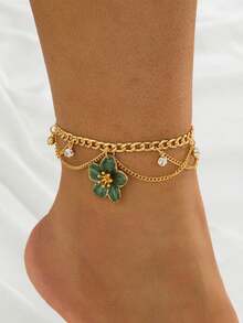 pieza Tobillera Multicapa para Mujer, Estilo Vacacional, con Borla, Esmalte Hecho Mano, Colgante de Flor deétalos Naranja Vibrante - Verde - Ver 7