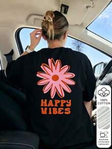 Damen Sommer 100% Baumwolle Vintage Cartoon Blumenmuster Kurzarm T-Shirt, Retro Rundhals Rückendruck Lässig Alltag Streetwear Top Urlaub Schwarz - Schwarz - Übersicht 4