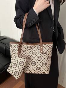 女款時尚拼色便攜大容量單肩包，四季百搭大容量托特包，適合約會、購物、送禮、上課、辦公工作 - 卡其色 - 查看 4