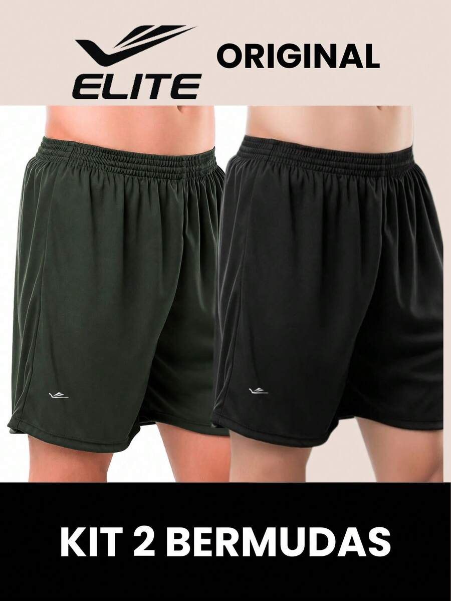 Kit Of 2 Men's Basic Bermuda Shorts For Soccer/Gym In Polyester - Elite Original - Black and Green - View 1