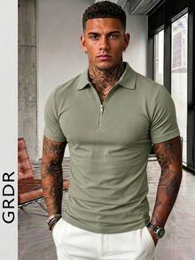 GRDR Men's Solid Color Short Sleeve Zipper Design Casual Versatile T-Shirt - Army Green - View 3